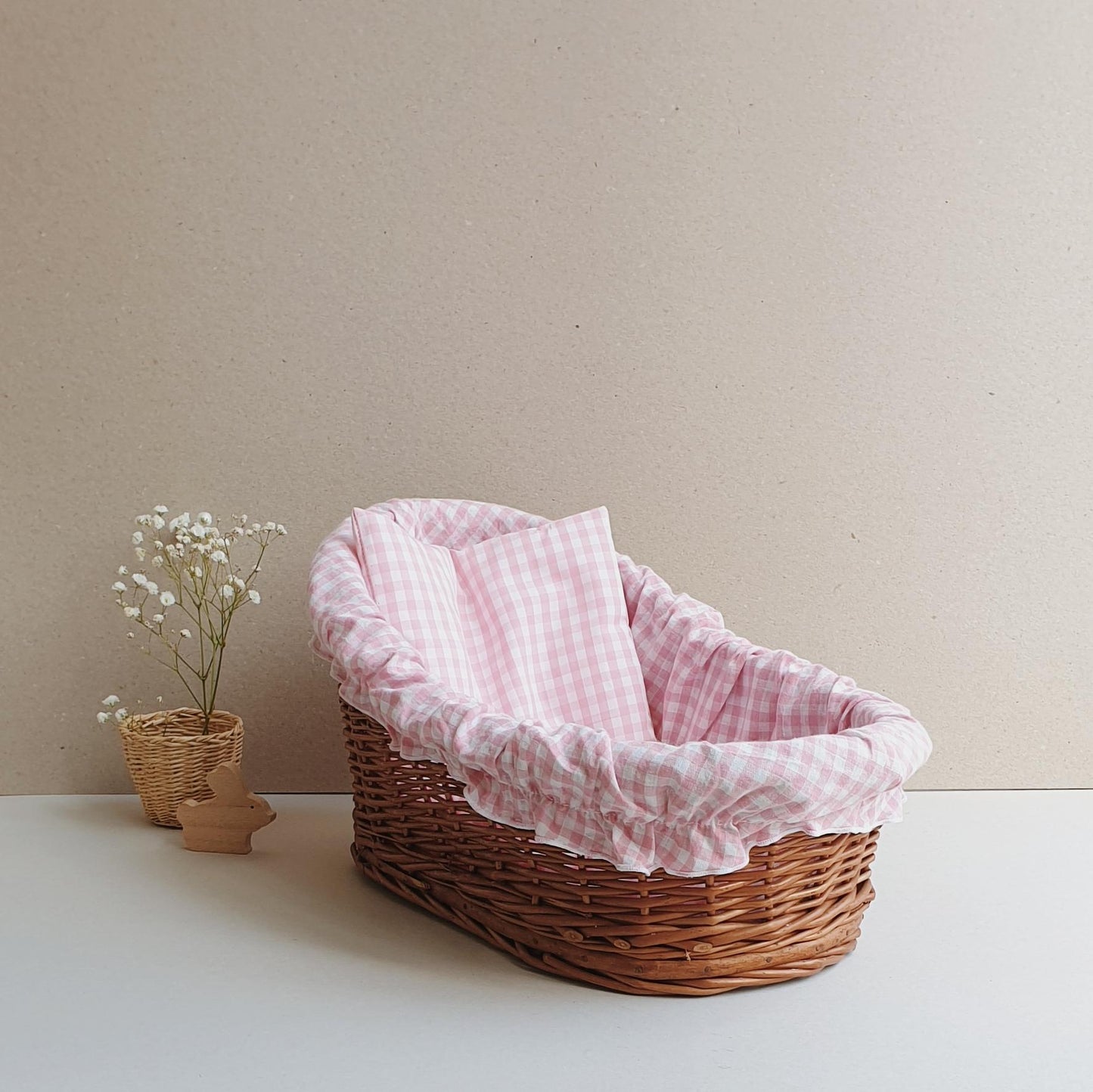 Handmade Rattan Doll Bed Rosita with Washable Pink Vichy Linen & Cushions – 31cm Long