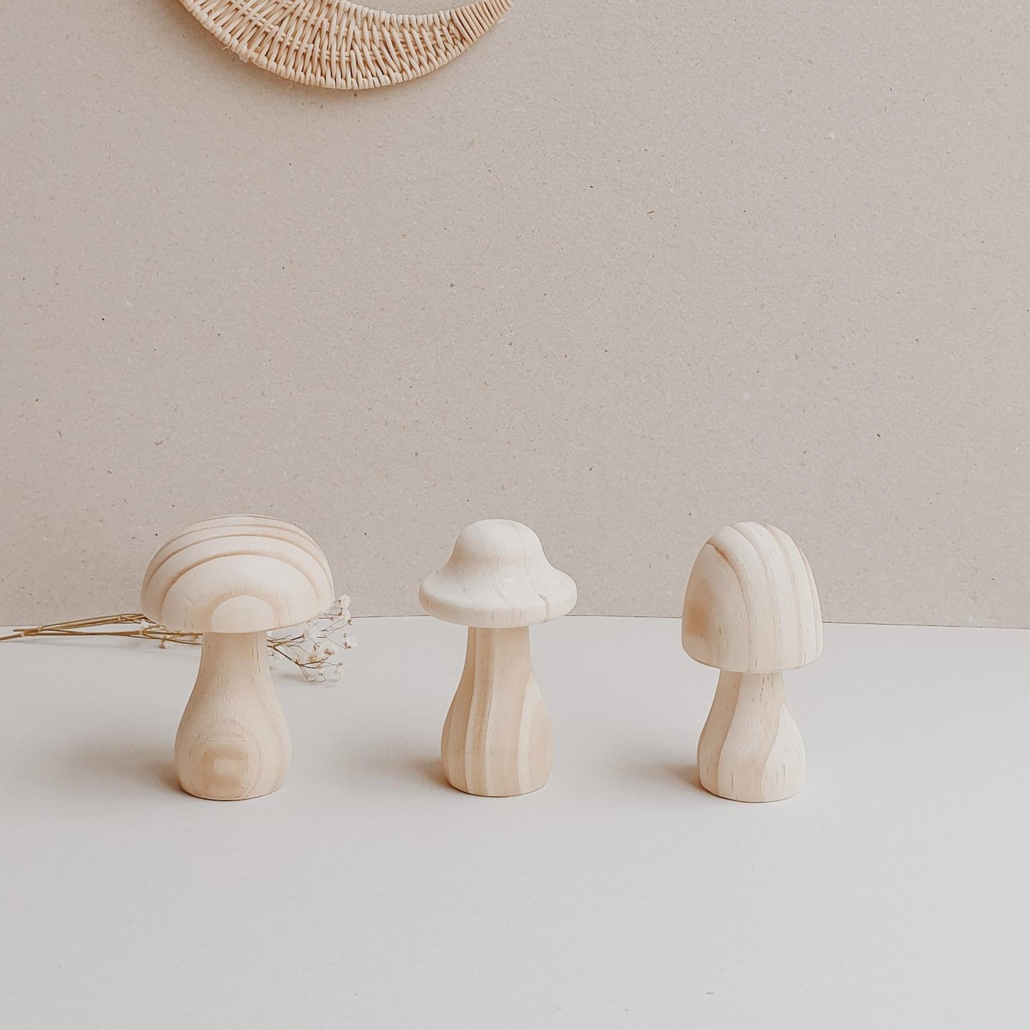 Kids Wicker Basket with Handle and 3 Wooden Mushrooms Ais-Charming Round Rattan Basket with Handle & Handmade Wooden Mushrooms