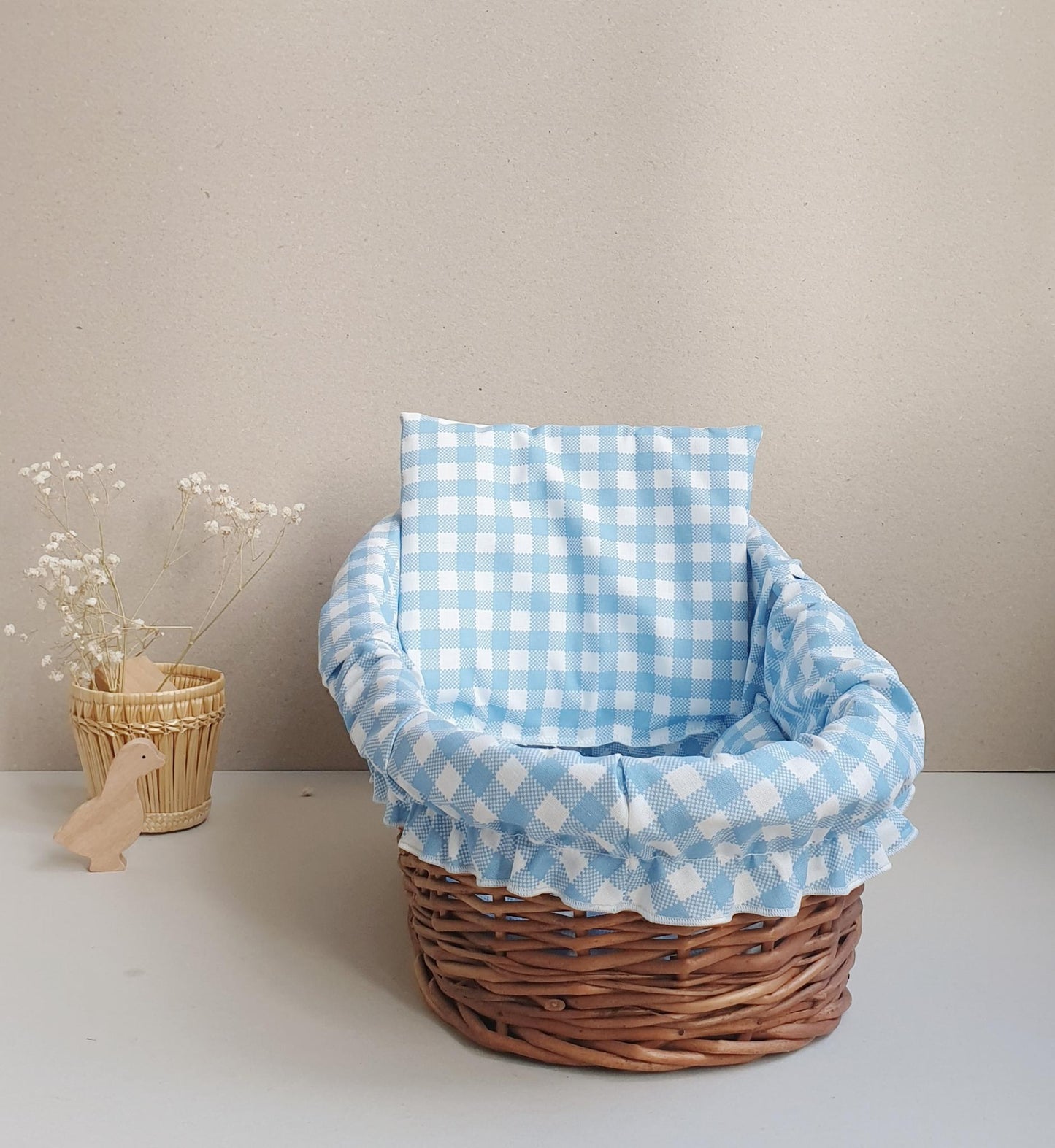 Rattan Doll Bed with Washable Blue Vichy Linen & 2 x Cushions – 31cm Long